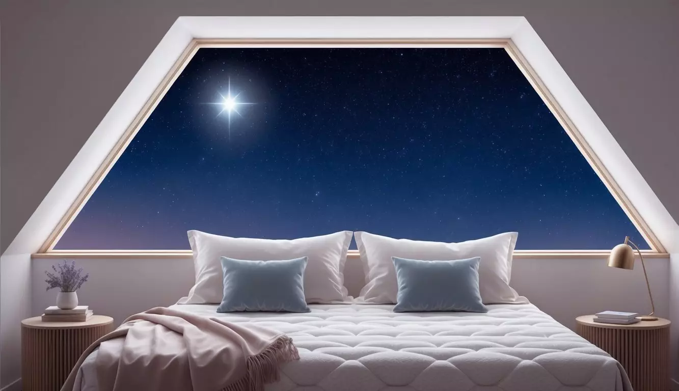 A serene bedroom with a plush king mattress, soft pillows, and cozy blankets under a starry night sky