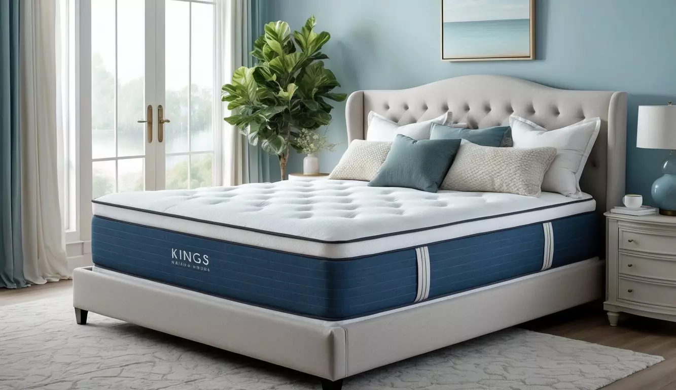 A luxurious king mattress surrounded by plush pillows and a cozy duvet, set against a backdrop of a serene and inviting bedroom