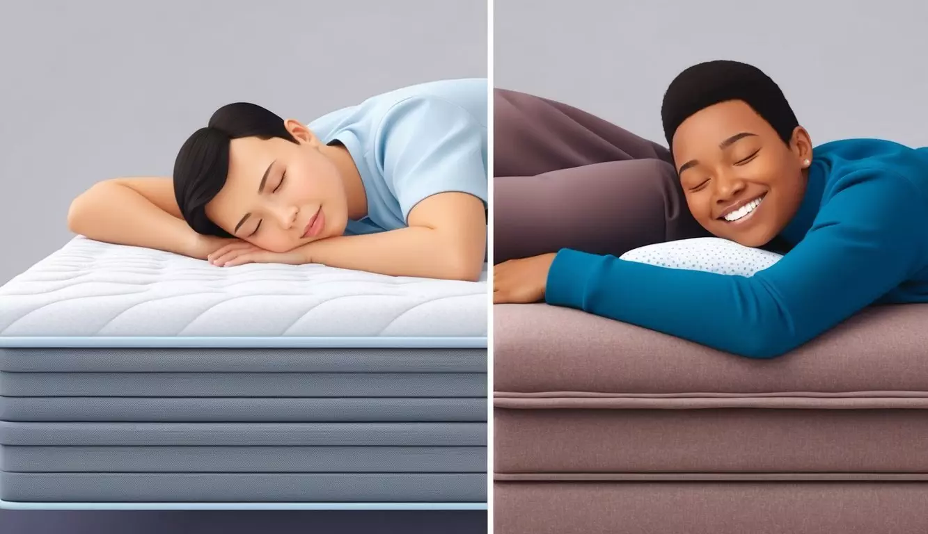 A person lying on a firm mattress with a neutral expression, while another person lies on a plush mattress with a contented smile