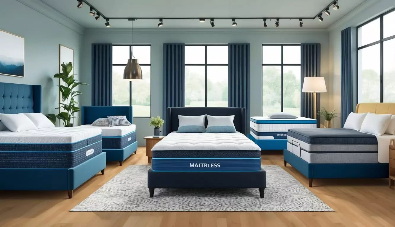 A bedroom with a variety of mattresses, each designed for different sleep needs, displayed in a well-lit showroom