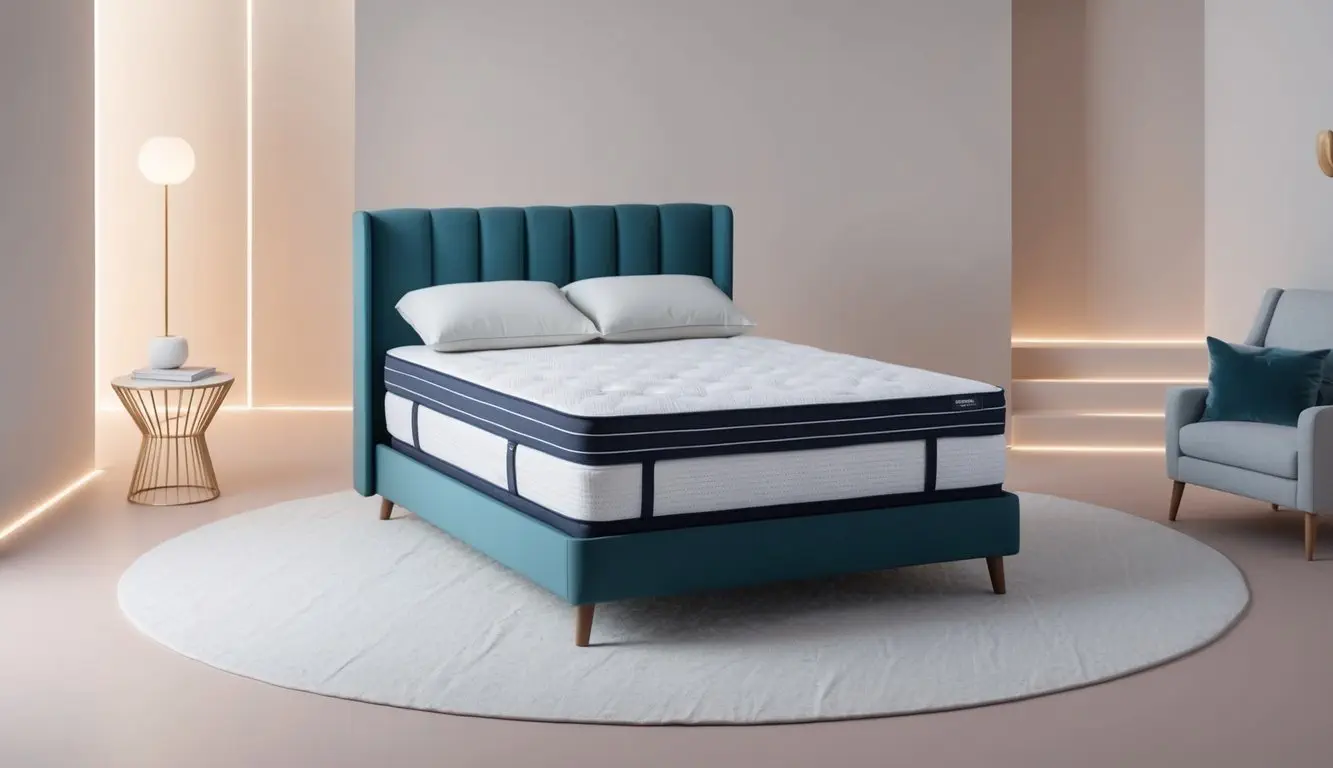 A mattress with adjustable firmness settings, surrounded by a serene bedroom with soft lighting and minimal decor