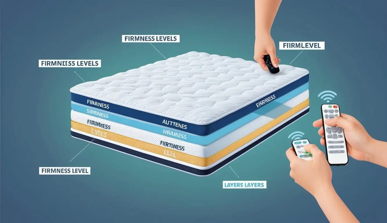 A mattress with multiple layers, each labeled with different firmness levels, surrounded by a person adjusting the settings with a remote control