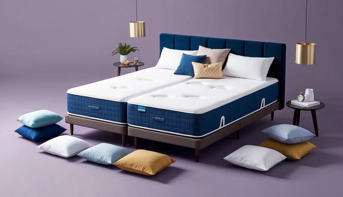 A mattress with adjustable firmness settings, surrounded by a variety of pillows and bedding, showcasing its customizable comfort options