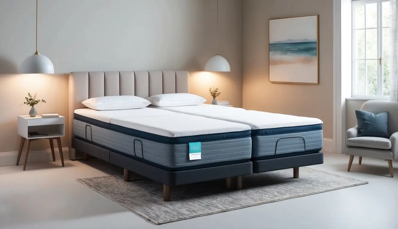 A mattress with adjustable firmness settings, surrounded by a serene bedroom with neutral colors and soft lighting