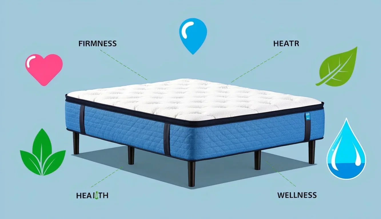 A mattress with adjustable firmness settings, surrounded by symbols representing health and wellness, such as a heart, a leaf, and a water droplet