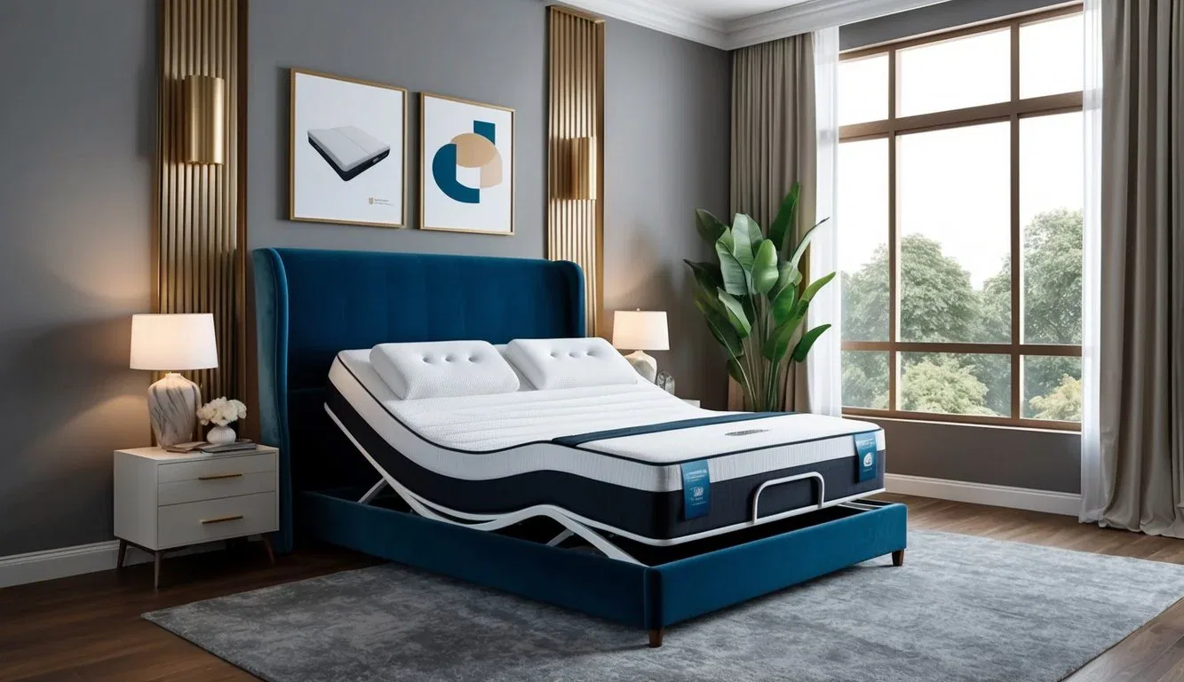 A luxurious bedroom with a sleek, modern adjustable firmness mattress featuring top models and brands