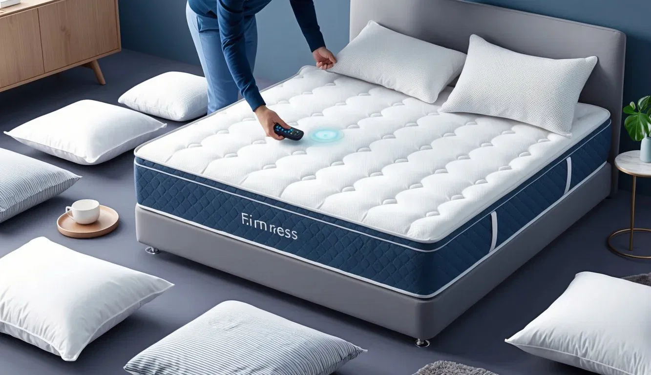 A person adjusting the firmness level of a mattress with a remote control, surrounded by various additional services such as pillows and bedding options