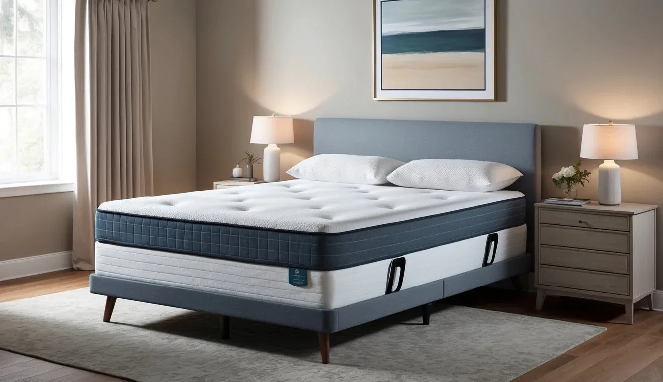 A mattress with adjustable firmness settings, surrounded by a serene bedroom setting with neutral colors and soft lighting