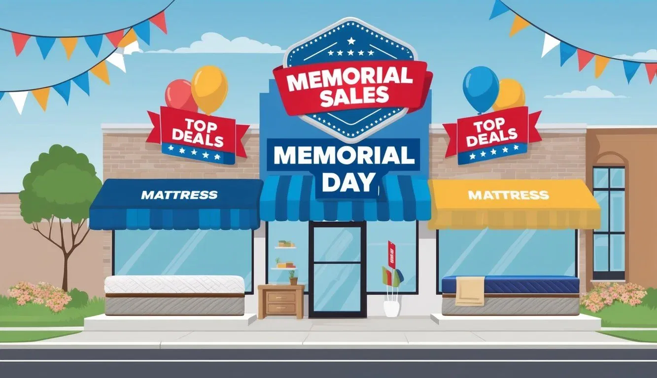A mattress store with colorful banners and balloons, showcasing top deals for Memorial Day sales