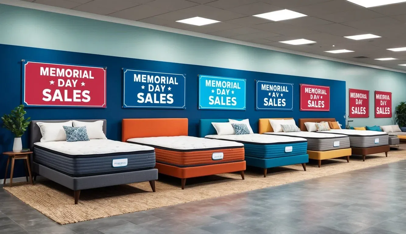 A row of colorful mattresses displayed in a showroom, surrounded by promotional signs and banners for Memorial Day sales