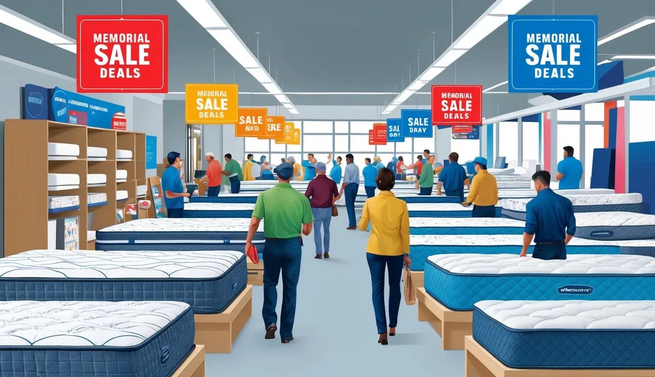 A crowded showroom with rows of mattresses, colorful sale signs, and eager customers browsing for the best deals on Memorial Day