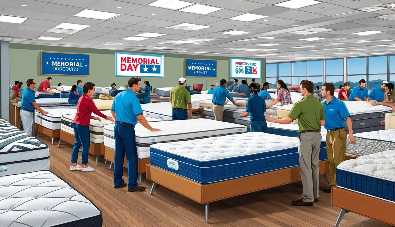 A crowded mattress showroom with customers trying out different beds, sales associates assisting, and signs advertising Memorial Day discounts
