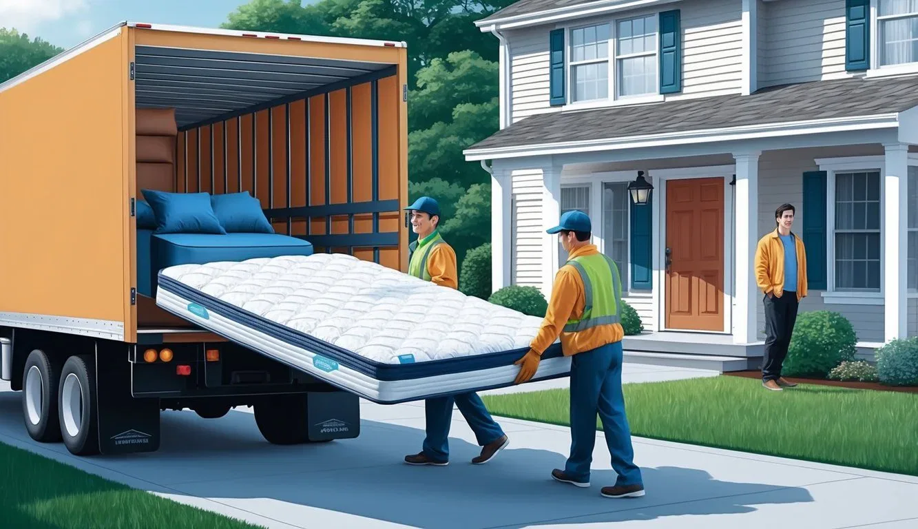 A delivery truck unloading mattresses at a suburban home. Two workers carrying a mattress up a driveway. Customers waiting in the doorway