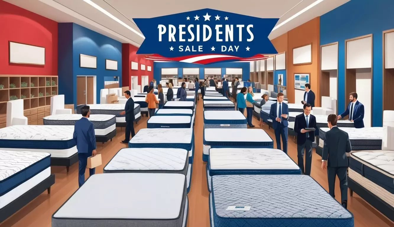 A crowded showroom with rows of mattresses on sale for Presidents Day. Customers browsing and salespeople assisting