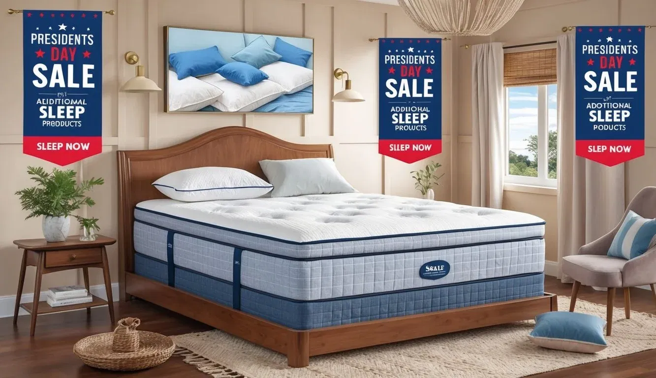A cozy bedroom with a large mattress and pillows, surrounded by banners advertising a Presidents Day sale for Additional Sleep Products