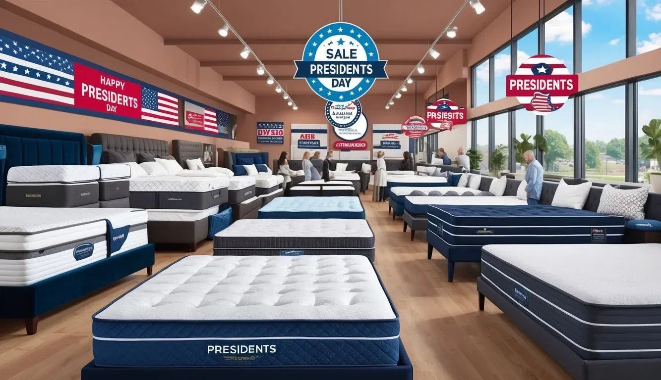 A crowded showroom with various mattress brands on sale for Presidents Day