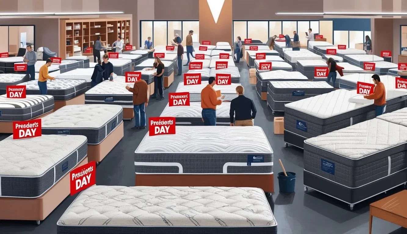 A crowded showroom with rows of mattresses on sale, marked with red 