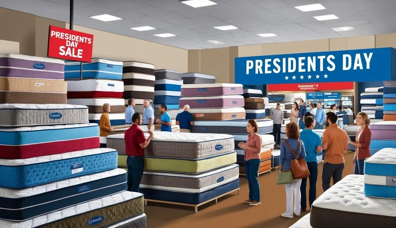 A crowded showroom with colorful mattresses stacked on display, signs advertising 