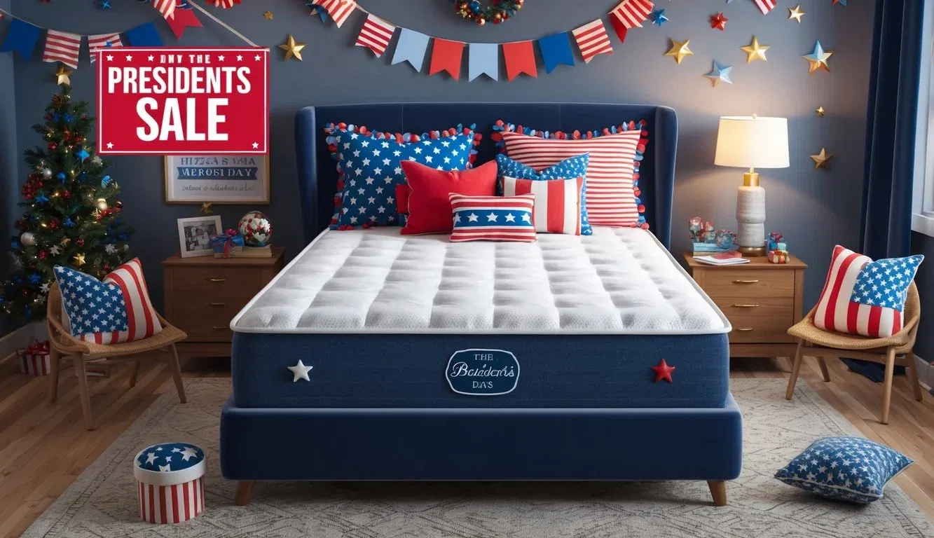 A cozy bedroom with a plush mattress, adorned with patriotic colors and symbols, surrounded by festive decorations and a banner advertising the Presidents Day sale