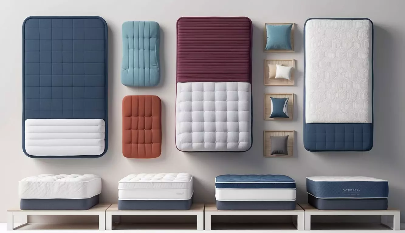 A bedroom with various types of mattresses arranged neatly for comparison