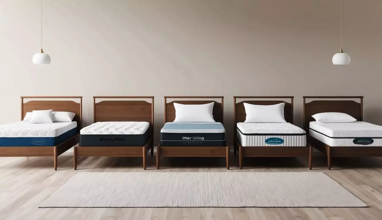 A bedroom with various mattress types (memory foam, innerspring, latex) displayed on bed frames against a neutral wall