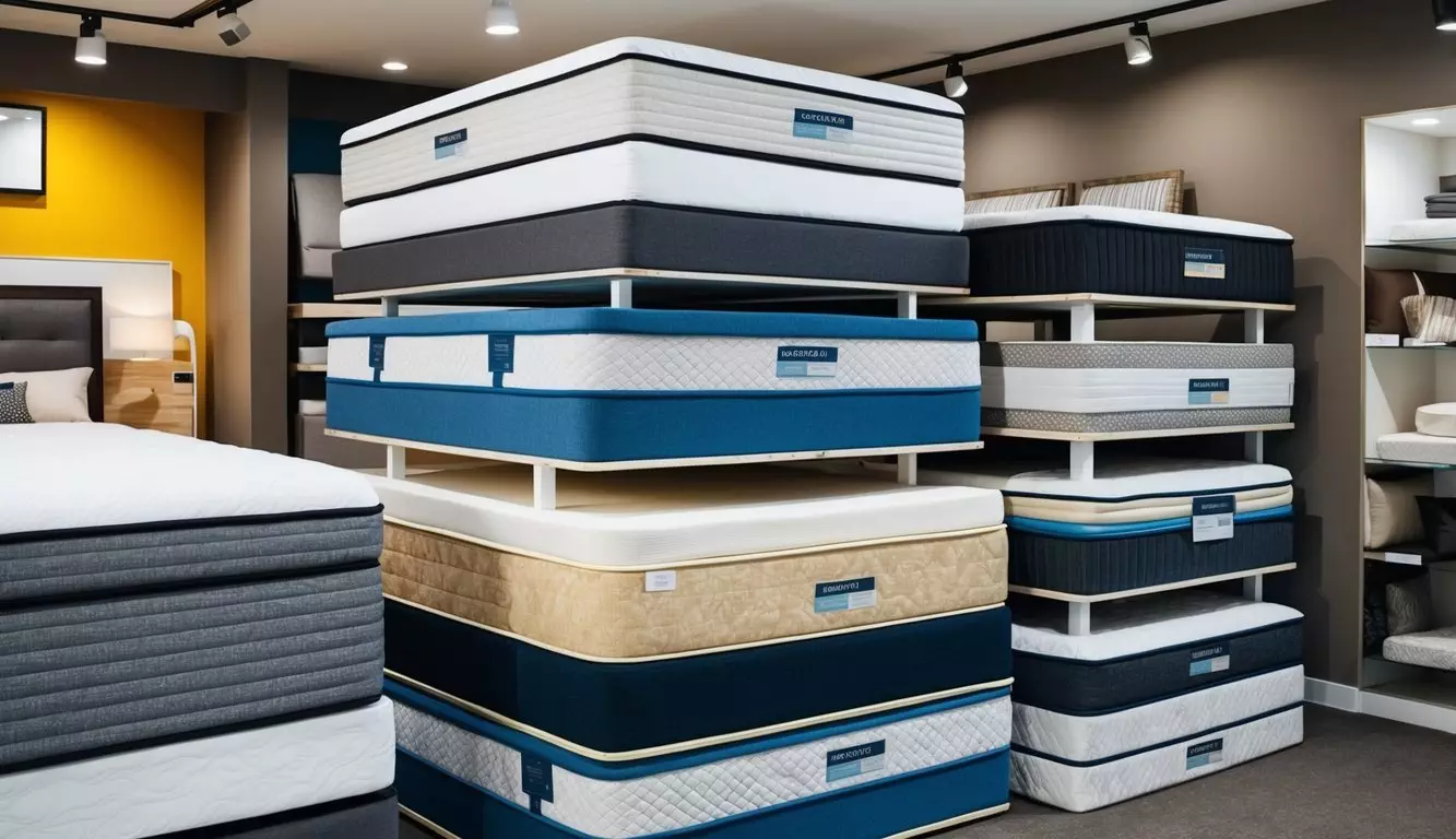 A variety of mattress types stacked in a showroom, including memory foam, innerspring, and latex, with detailed construction materials visible