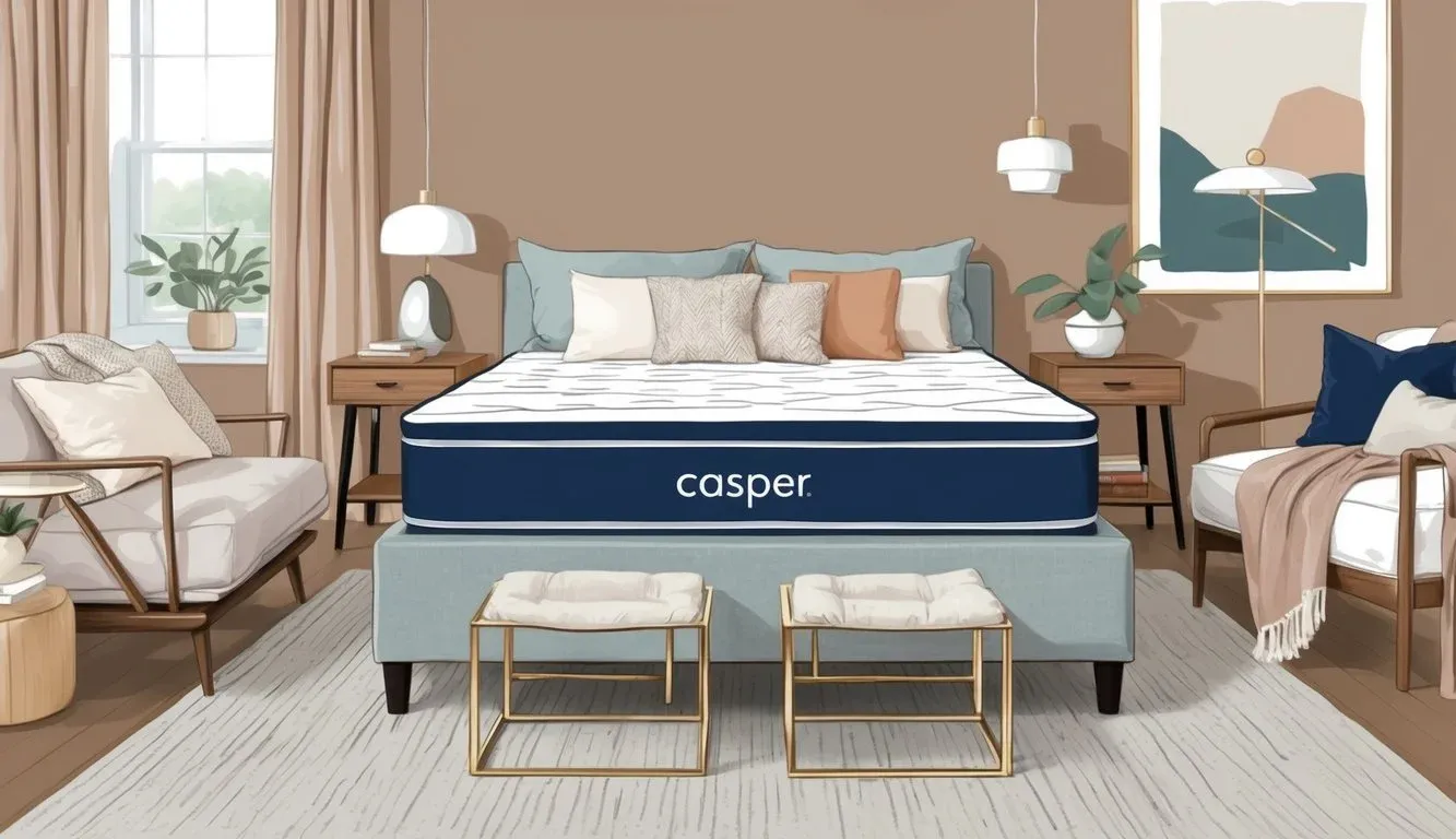 A cozy bedroom with a Casper king mattress surrounded by modern furniture and soft, neutral-colored bedding