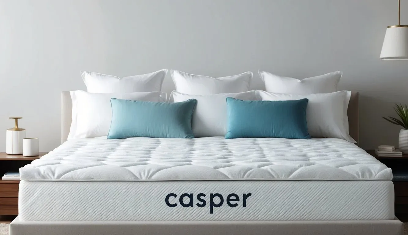 A king-size bed with a Casper mattress, perfectly made with a plush comforter and a row of neatly fluffed pillows