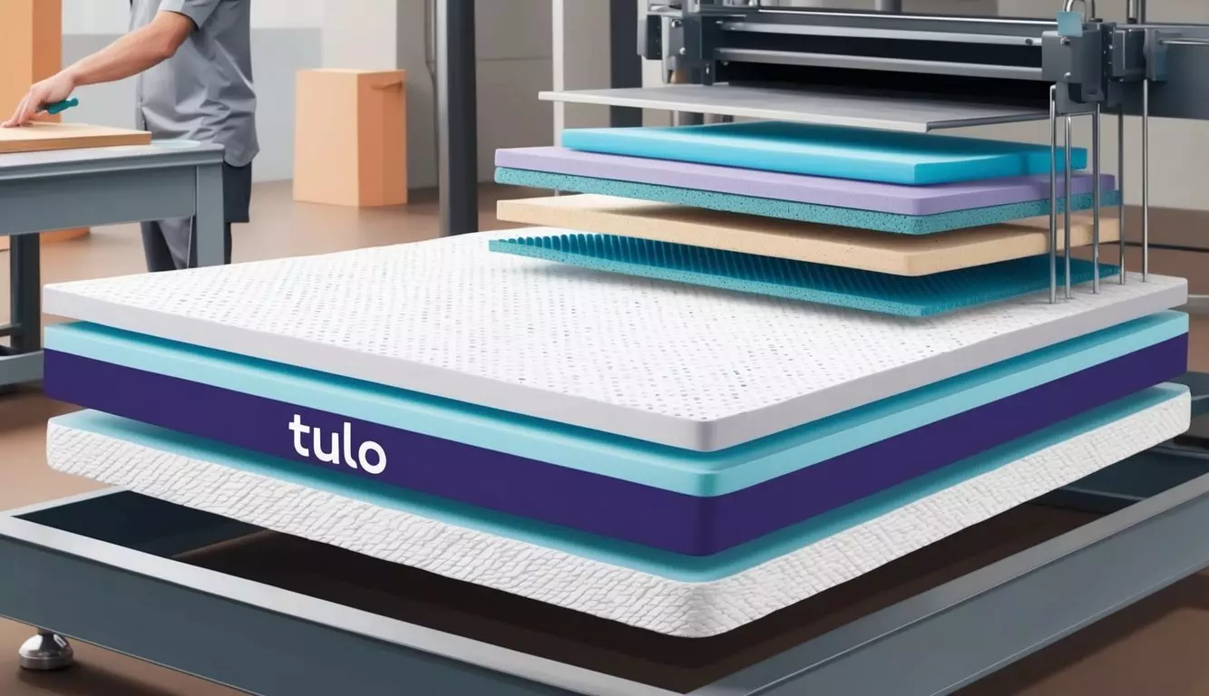 A tulo mattress being constructed with layers of materials, including memory foam and breathable fabric, in a modern factory setting