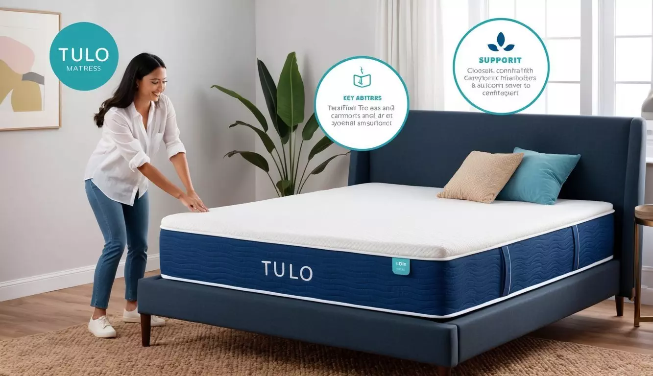 A tulo mattress is shown with key features highlighted, while a person tests its comfort and support