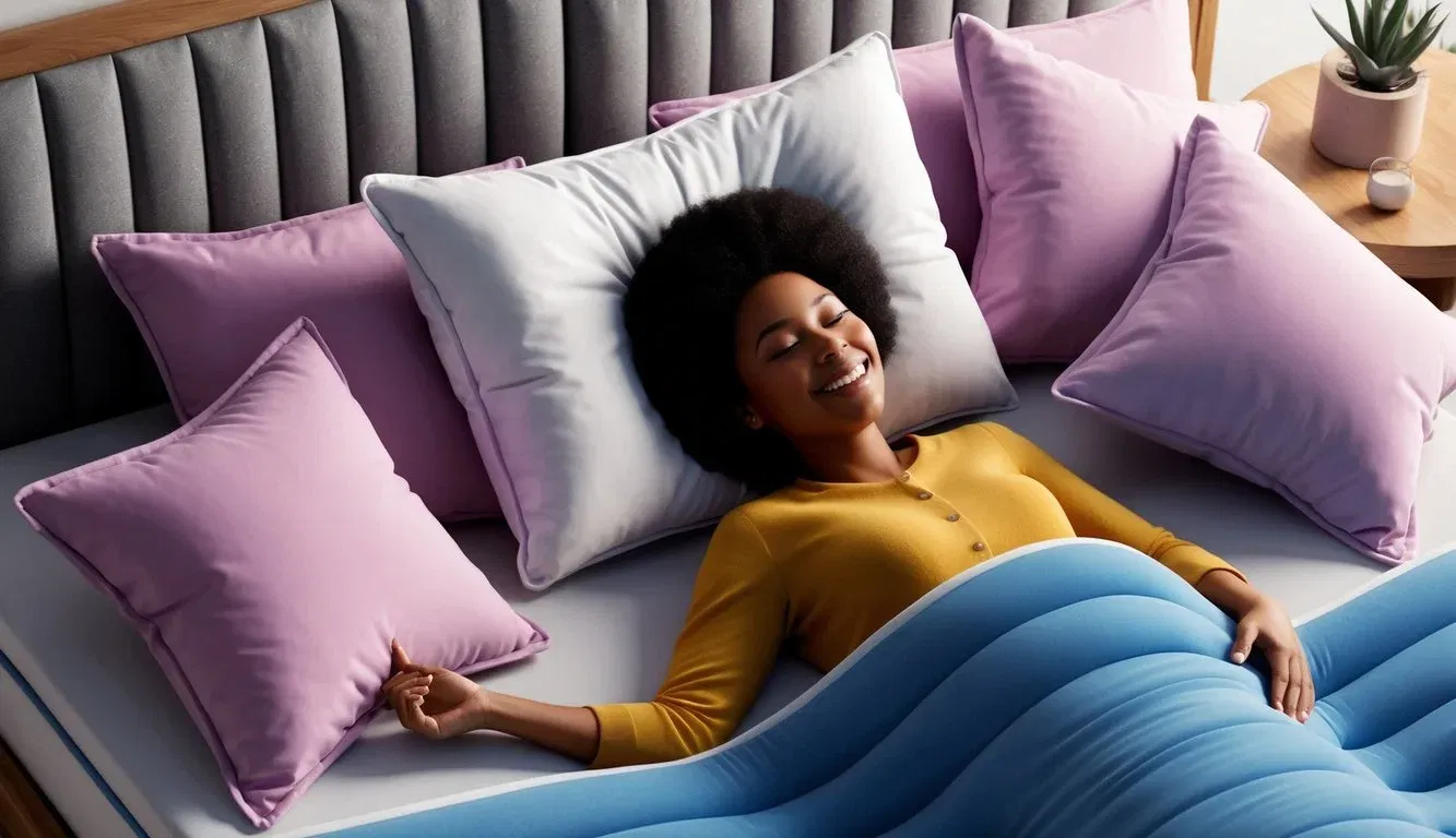 A person lying on a tulo mattress, surrounded by plush pillows, with a content expression on their face