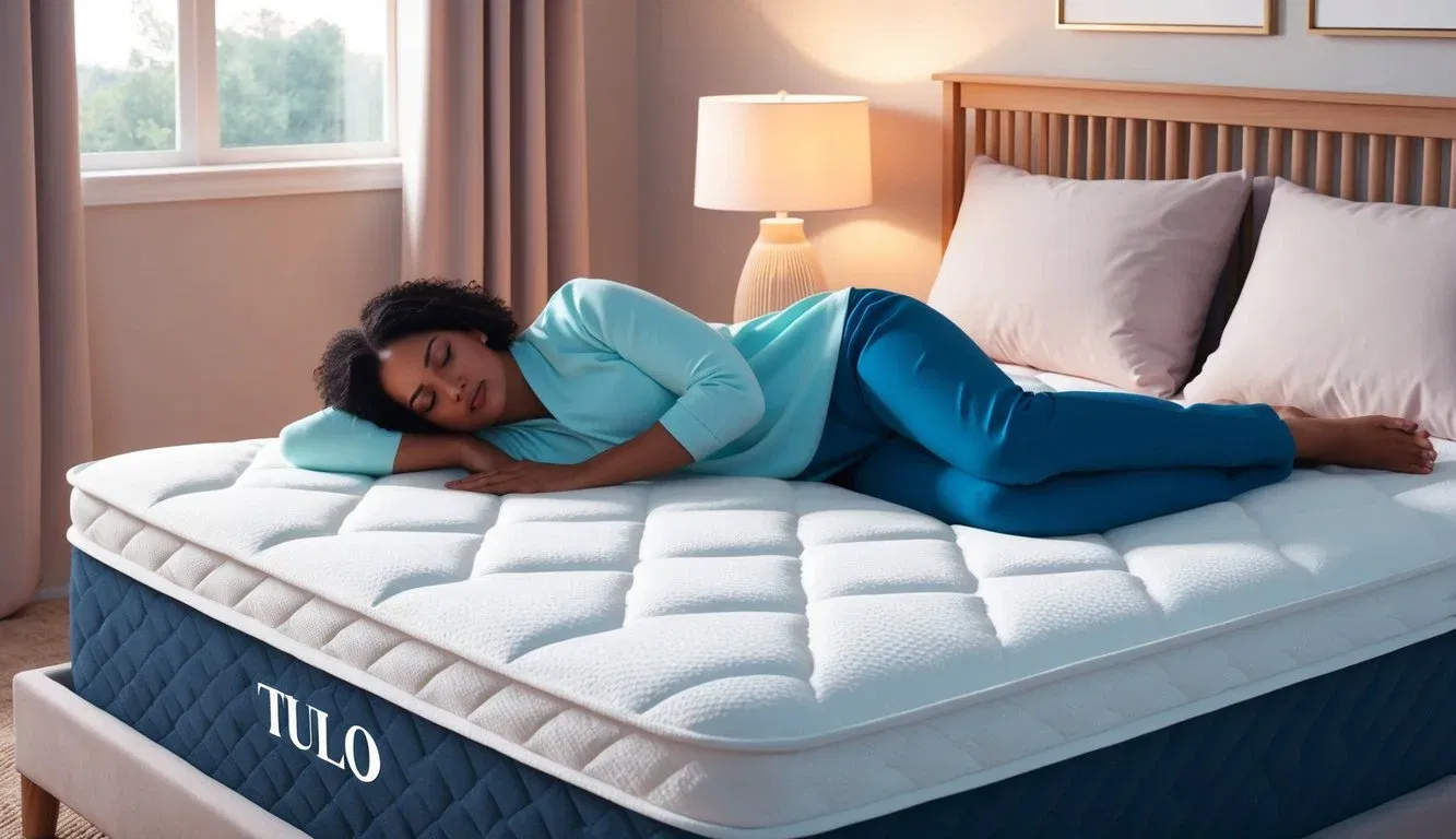 A person lying comfortably on a Tulo mattress, surrounded by a serene bedroom with soft lighting and a feeling of relaxation