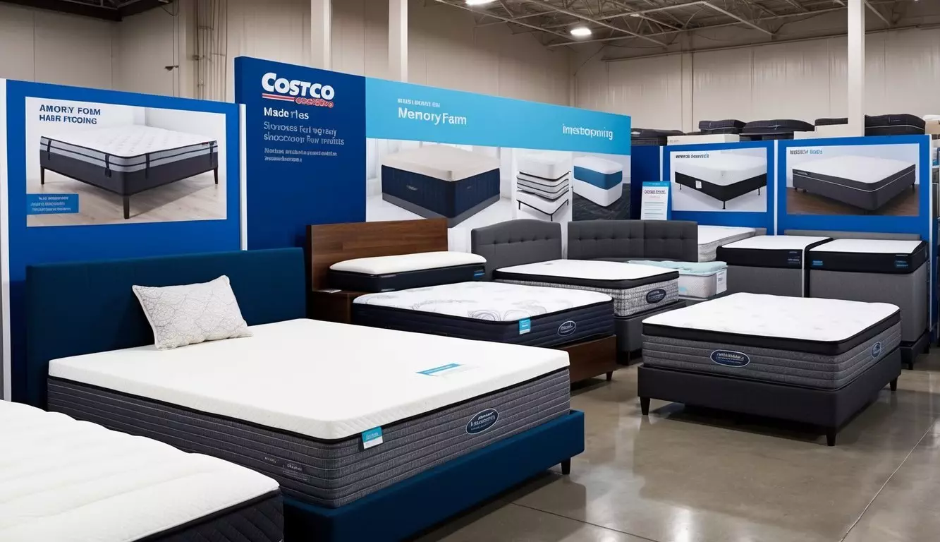 A showroom display at Costco featuring various mattress types, including memory foam, innerspring, and hybrid models