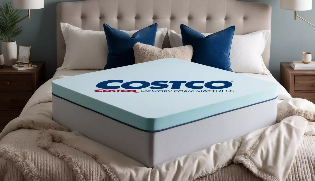 A cozy bedroom with a Costco memory foam mattress as the focal point, surrounded by plush pillows and a soft, inviting duvet