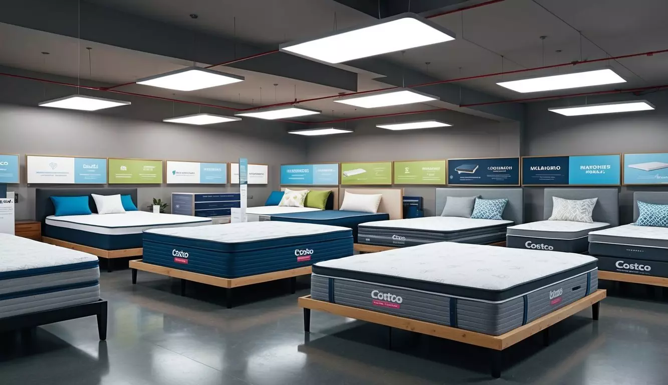 A showroom with various hybrid and innerspring mattresses displayed, each with price tags, at a Costco store