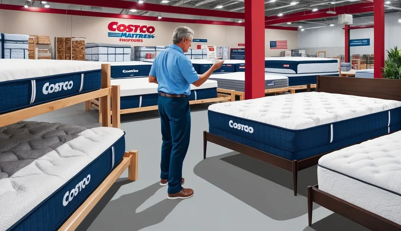 A person comparing mattress features in a Costco store showroom