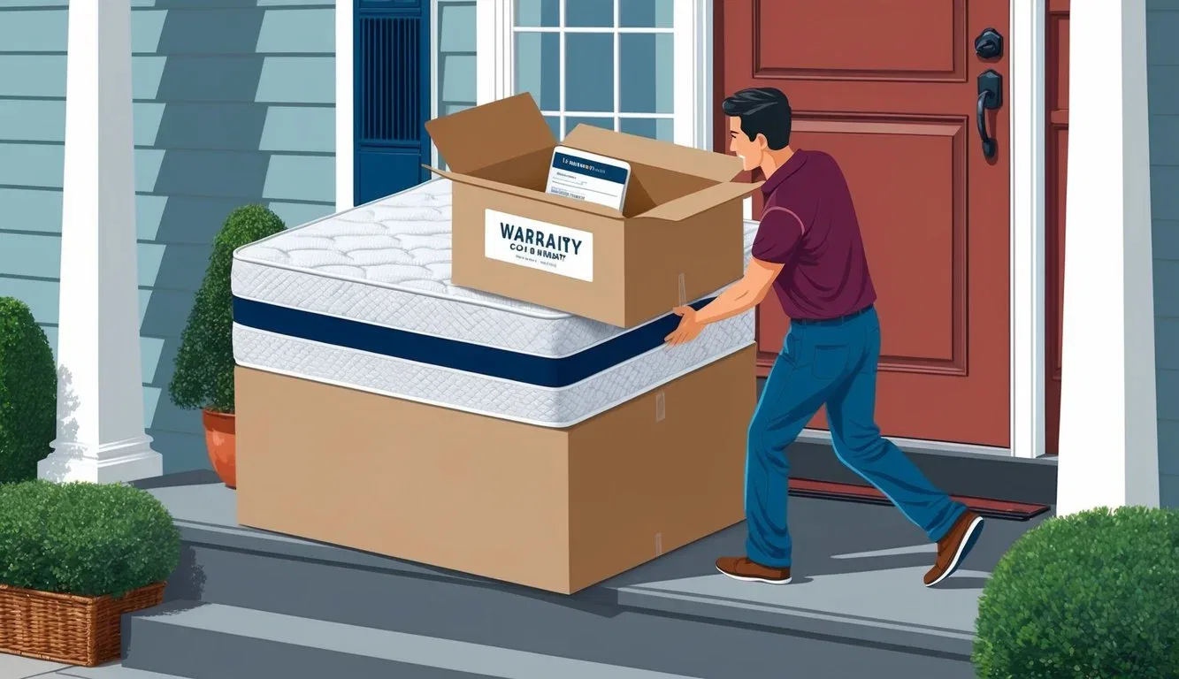 A mattress being delivered to a customer's doorstep with a warranty card and return information included in the package