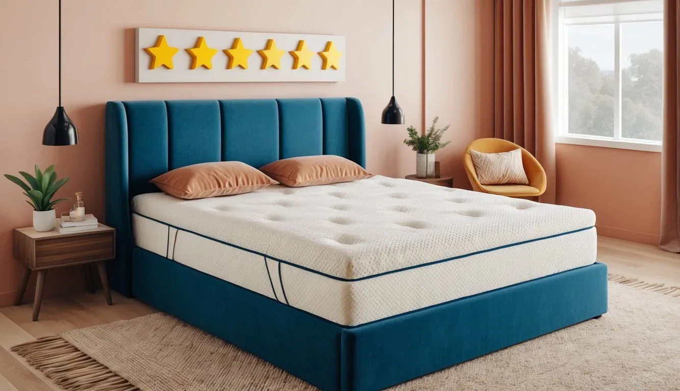 A cozy bedroom with a plush, comfortable mattress featuring a row of glowing five-star reviews