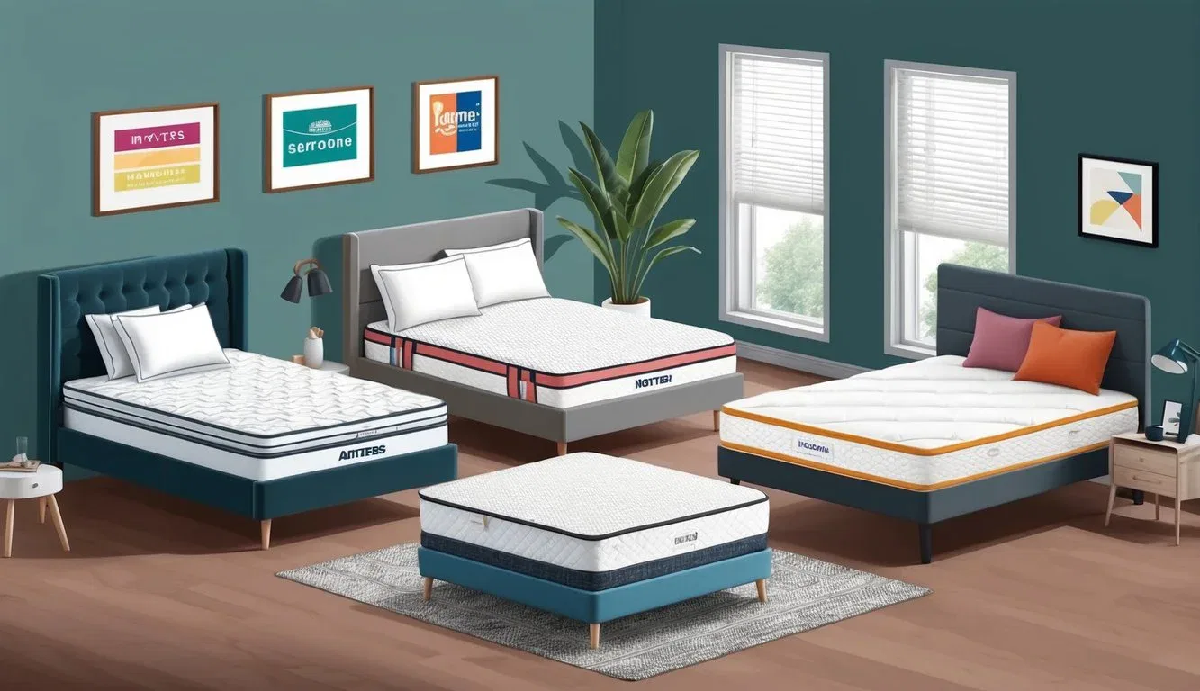 A bedroom with multiple mattresses from different brands displayed for comparison