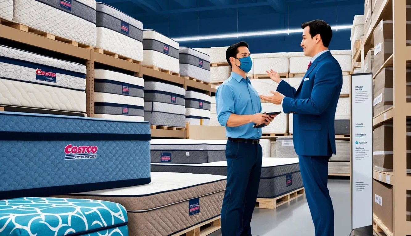 A customer browsing through various mattresses in a Costco store, with a sales representative nearby answering frequently asked questions