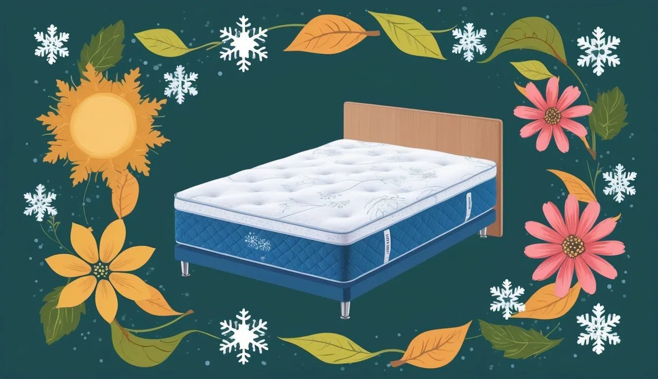 A mattress surrounded by snowflakes, leaves, flowers, and sunshine