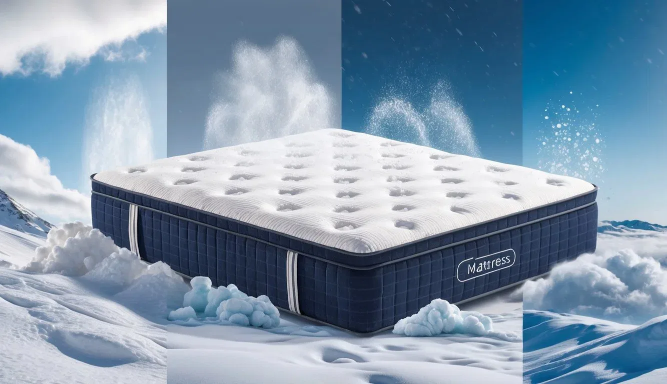 A mattress surrounded by elements of all four seasons, showcasing its durability and longevity in various weather conditions