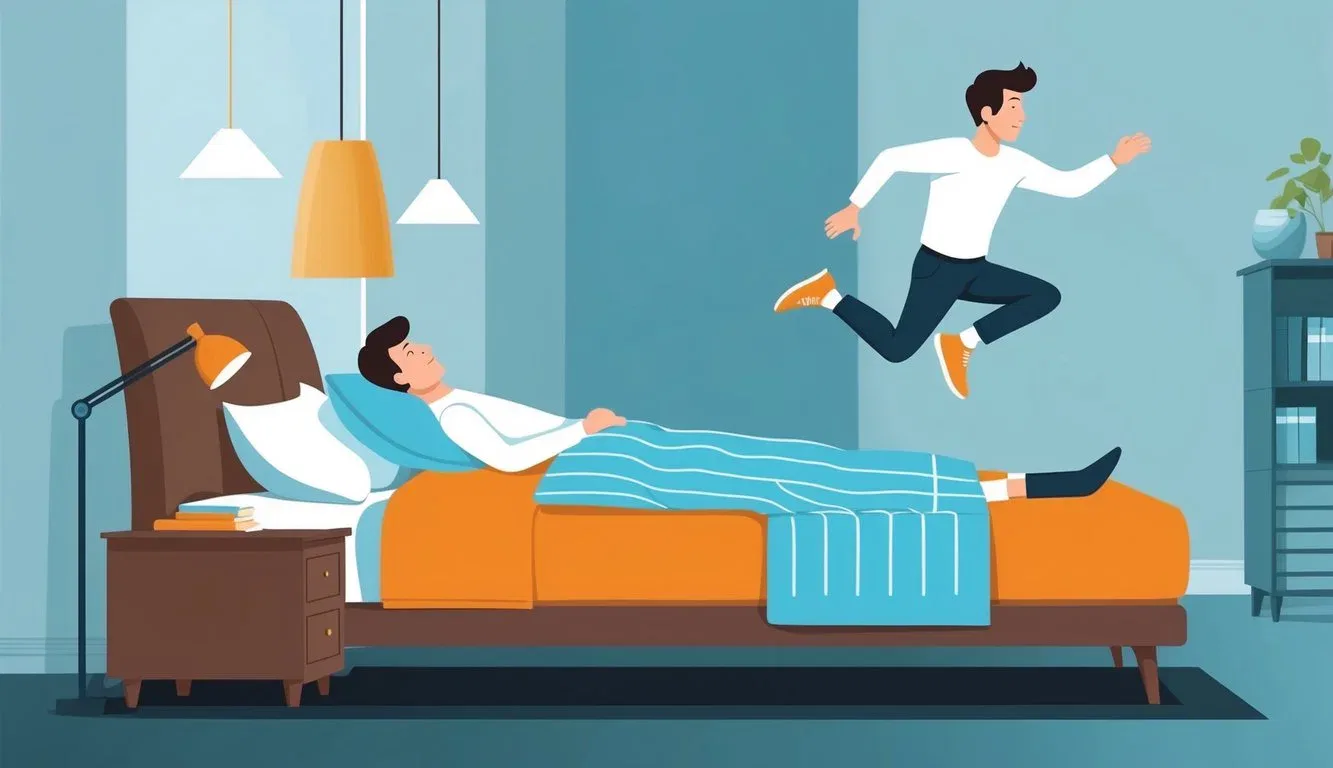 A person sleeping undisturbed while a partner jumps on the other side of the bed, with a clear separation of movement