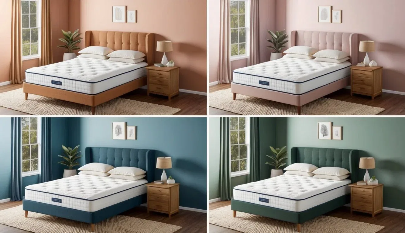 A cozy bedroom with a mattress shown in four different settings, each representing a different season