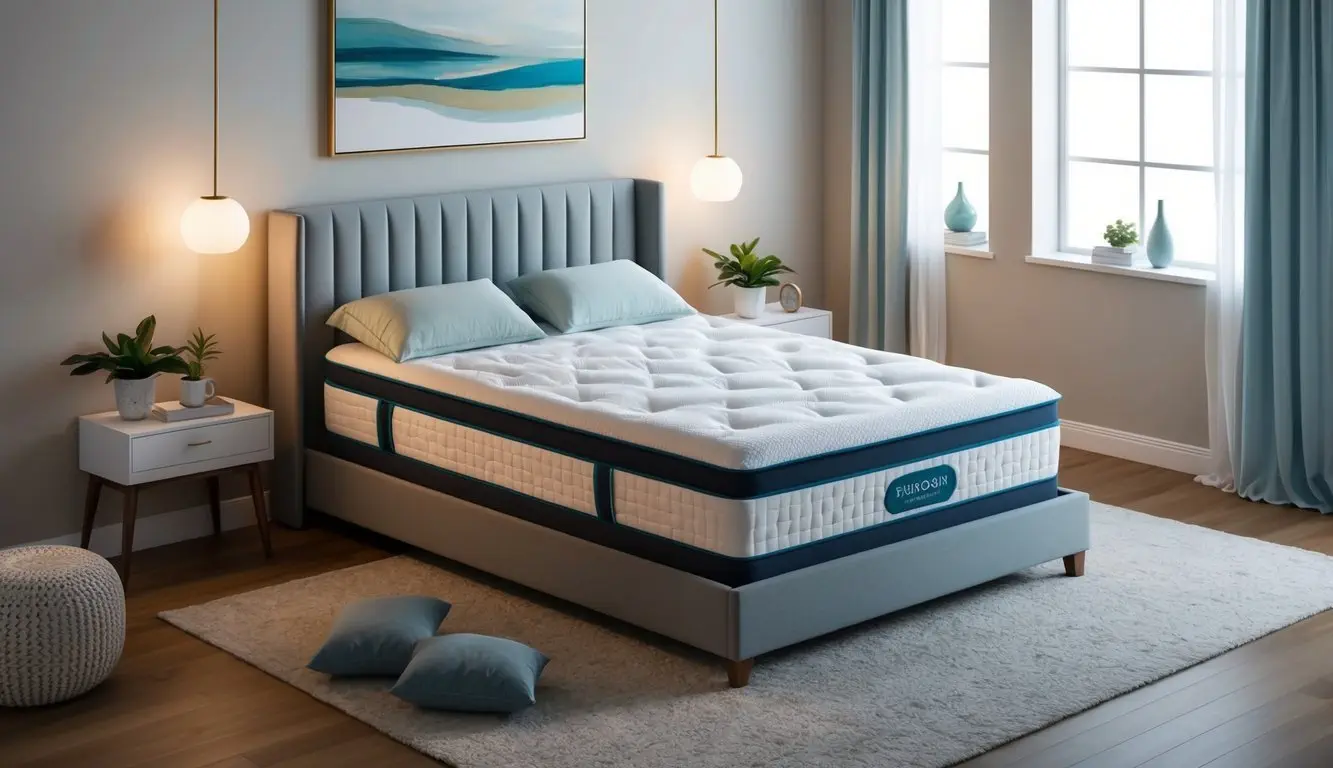 A serene bedroom with a top-of-the-line therapeutic mattress, surrounded by calming decor and soft lighting