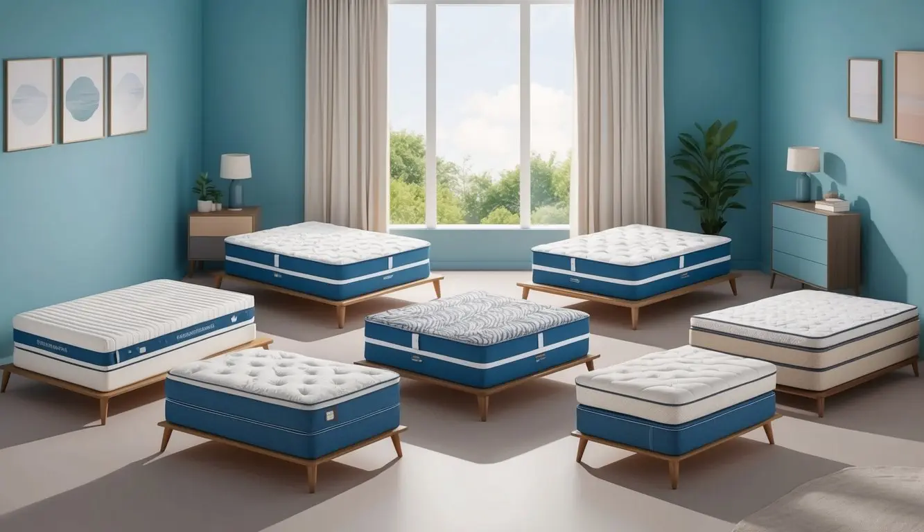 A serene bedroom with various types of therapeutic mattresses arranged neatly for comparison