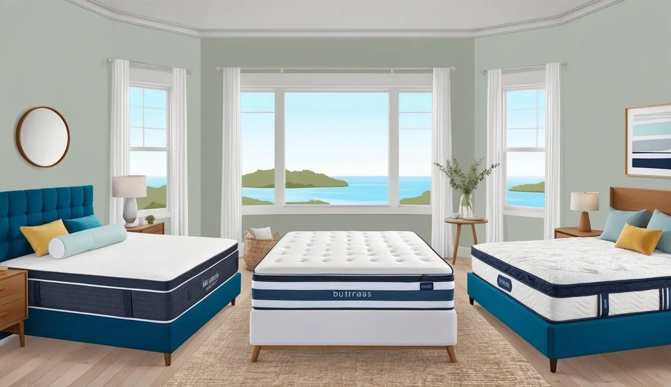 A serene bedroom with a variety of mattresses displayed, each designed to cater to different sleepers' needs