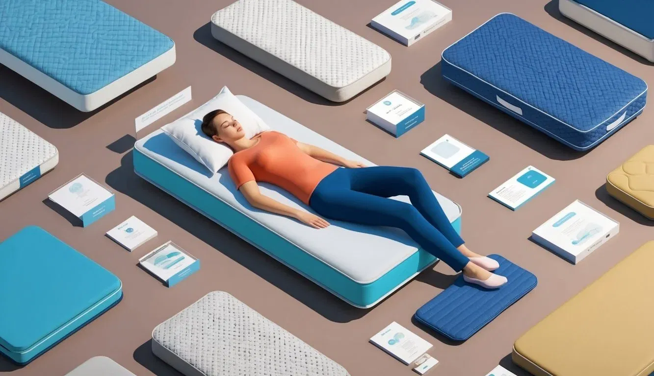 A person lying comfortably on a supportive mattress, surrounded by various options and information on different therapeutic mattresses