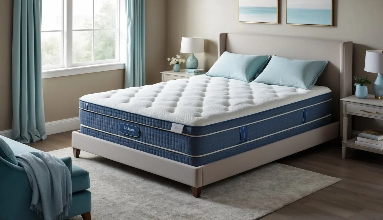 A serene bedroom with a luxurious therapeutic mattress as the focal point, surrounded by soft, inviting bedding and calming decor