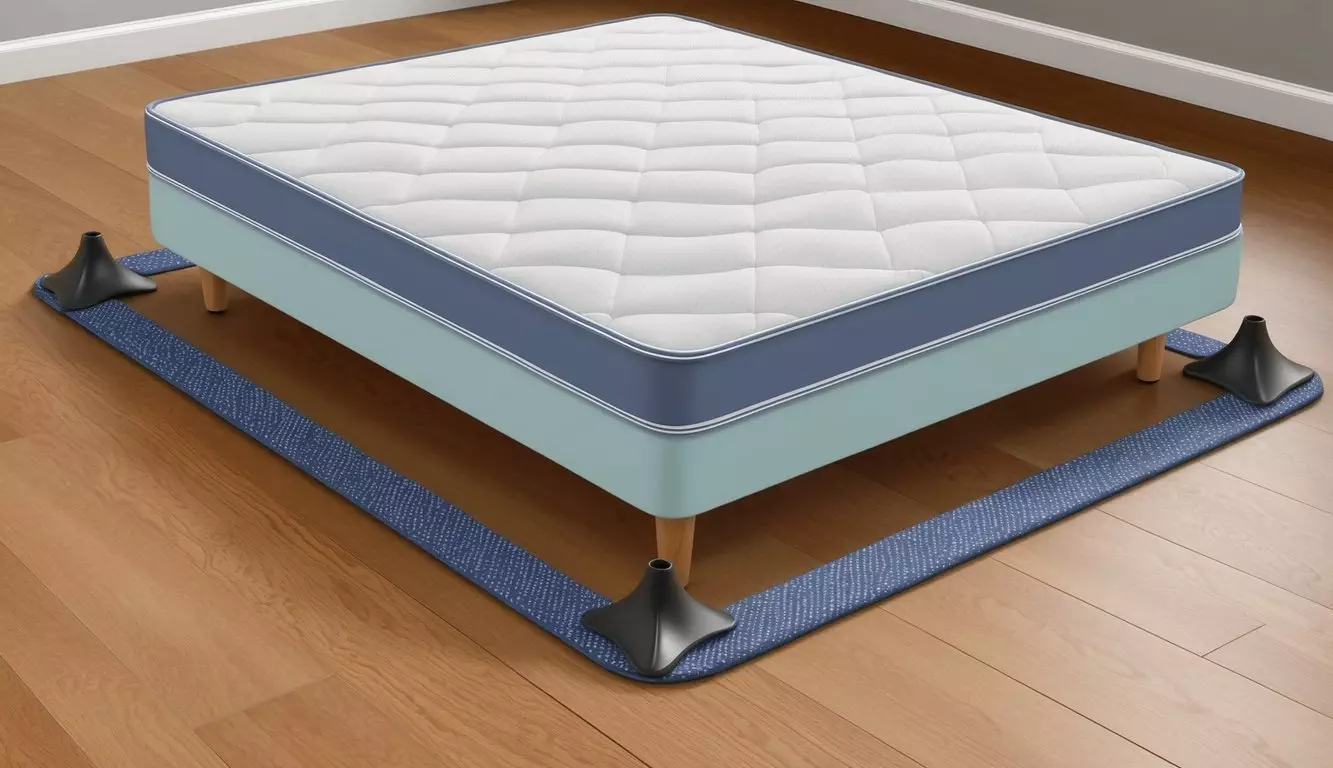 A mattress placed on a non-slip rug pad, with rubber grippers attached to each corner, preventing sliding on a hardwood floor